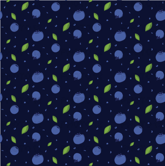 Vector seamless pattern with blueberries and leaves in graphic line style on a dark blue background.