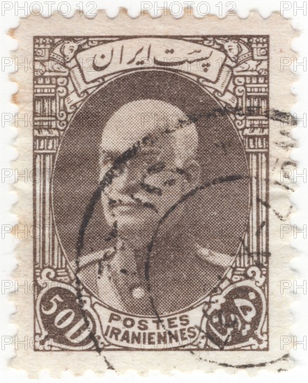 IRAN - 1937: 50 dinar postage stamp depicting portrait Reza Shah Pahlavi was shah of Iran from 1925 to 1941 and founder of the Pahlavi dynasty. Originally a military officer, he became a politician, serving as minister of war and prime minister of Iran, and was elected shah following the deposition of the last monarch of the Qajar dynasty. A moderniser, Reza Shah clashed with the Shia clergy and introduced social, economic, and political reforms during his reign, ultimately laying the foundations of the modern Iranian state. Therefore, he is regarded by many as the founder of modern Iran