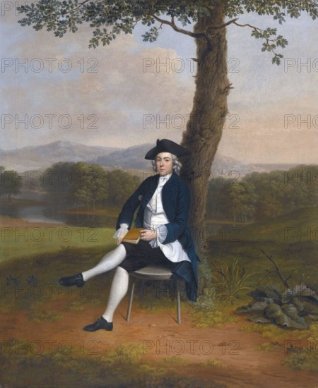 This 18th-century oil on canvas portrait by Arthur Devis shows a gentleman seated under a tree. The painting is signed 'A. Devis' in the lower left corner, characteristic of Devis' style in English portraiture during the 1700s.