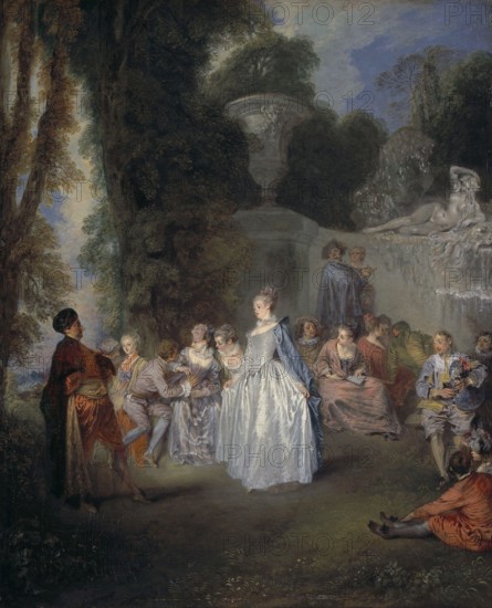 This 1718/9 painting by Jean-Antoine Watteau, titled 'Fêtes Vénitiennes,' depicts a lively and romantic Venetian fête, a scene characteristic of Watteau’s style of fête galante. It is now housed in the Scottish National Gallery.