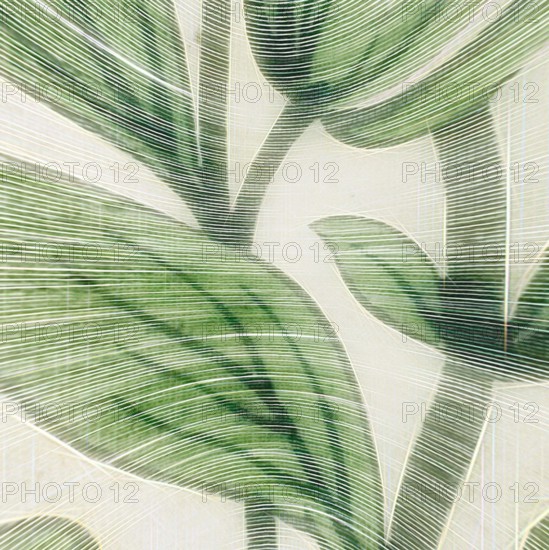 A close-up view of stylized green leaves, featuring intricate lines and patterns that create a sense of movement and texture. The overlapping leaves convey a natural elegance and a harmonious blend of shapes., A round plate featuring an elegant design of green tulips and leaves, showcasing a delicate botanical pattern that evokes a sense of freshness and natural beauty. Classic art with a modern twist reimagined by Artotop, Transformed French Fabrics, First Half of the Nineteenth Century, Classic art with a modern twist reimagined by Artotop