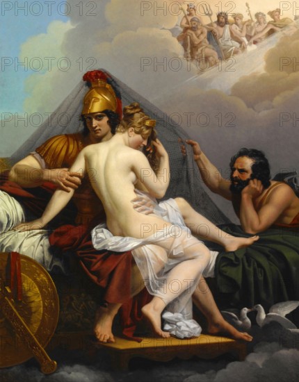 In Greek myth Aphrodite (Venus in Roman) is married to Hephaestus (Vulcan in Roman) in a marriage arranged by Zeus (Jove). Sources vary as to the reason for the marriage, but al agree that Hephaestus/Vulcan has a lame leg and that Aphrodite/Venus does not love him. She has an affair with the god of war Ares (Mars in roman). She also had an affair with the mortals Anchises and Adonis. In this painting by Alexandre Charles Guillemot we see Aphrodite and Ares together with Hephaestus trapping them in a net whilst in the act.