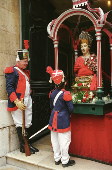 St Tropez, South of France. Les Bravades Bravade annual festival celebration Patron Saint of town Saint Tropez Effigy Statue leaves the church. Europe