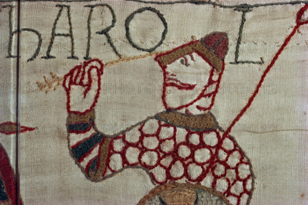 Death of King Harold showing an arrow in his eye Bayeux Tapestry Bayeux Normandy France Europe