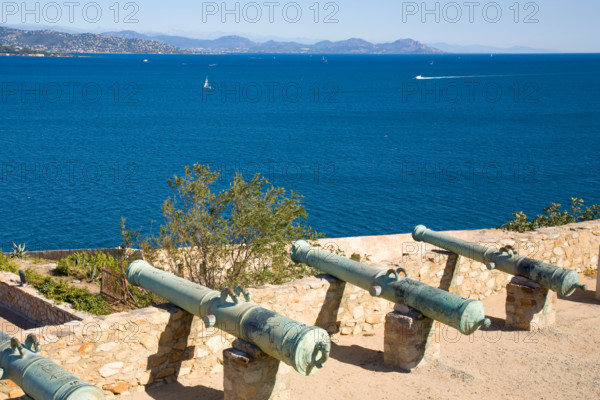 The historic cannons of the citadel of Saint-Tropez are situated above the bay of Saint-Tropez at the Cote d'Azur / Provence