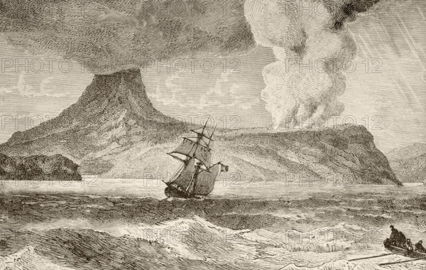 Krakatoa island, Indonesia, erupting in August 1883