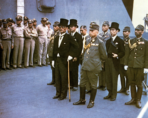 SURRENDER OF JAPAN aboard the USS Missouri in Tokyo Bay 2 September 1945 - see Description below