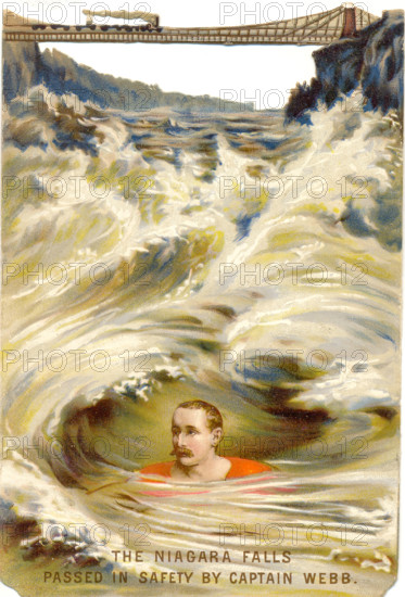 Die cut scrap of Captain Matthew Webb swimming the rapids at Niagara Falls