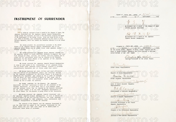 JAPAN INSTRUMENT OF SURRENDER document signed on USS Missouri in Tokyo Bay on 2 September 1945
