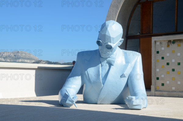 Le Corbusier Drawing, Designing or Sketching. Sculpture on Roof Terrace of the Unité d'Habitation or Cité Radieuse Marseille Provence France