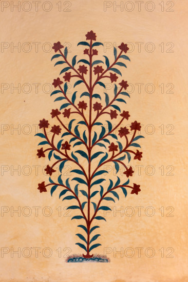 Amber (or Amer) Palace, near Jaipur, Rajasthan, India. Floral Decoration on an Interior Wall.