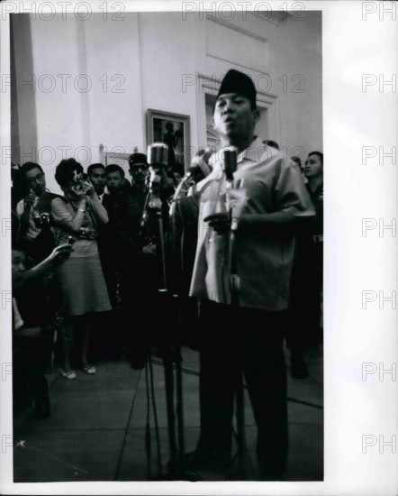 Oct. 10, 1965 - President Sukarno, at Istana Palace, Jakarta Indonesia, announces appointment of Maj Gen Suharto as Army Chief of Staff. Suharto replaced Lt. Gen. Achmad YAni, who was killed by the communist during aborted coup of Oct. 1.