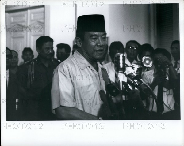 Mar. 03, 1966 - President Sukarno, at Istana Palace, Djakarta, Indonesia, Oct. 14, 1965 announces appointment of Maj Gen. Suharto as Army Chief f Staff. Suharto w replaces Lt. gen Achmad yani, who was killed by communists during aborted coup of Oct 1. Behind Sukarno - hiss chief bodyguard Brig. Gen Sabur. Sabur: Sukarno's chief of bodyguard ousted by Suharto (Sabur: behind Sukarno) ousted and arrested by Suharto.03