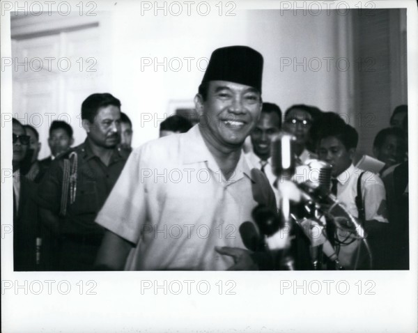 Feb. 24, 2012 - President Sukarno at Istana Palace, Djakarta, Indonesia Oct. 14, 1965 announces appointment of maj Gen Suharto as Army Chief of Staff. Suharto replaces Lt Gen Achmad Yani, who was killed by communists during aborted coup of Oct. 1.