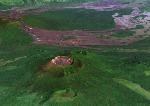 Volcano Nyiragongo In 3D, Democratic Republic Of Congo, True Colour Satellite Image. Nyiragongo, Congo, true colour satellite im