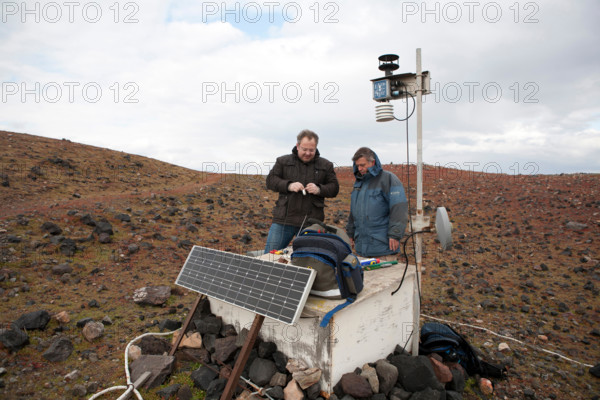 Nea Kameni Island. 14th February, 2015. in Santorini Greece, Costas Papazachos seismologist and professor at the Aristotle University of Thessaloniki and George Vougioukalakis, Dr. Volcanologist geothermal researcher, went to the island of Nea Kameni to check the monitoring equipment that make gas measurements such as carbon dioxide and hydrogen sulfide and repair some damages that hapend due to bad weather conditions. Credit:  Konstantina Sidiropoulou/Alamy Live News