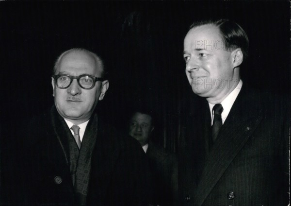 1967 - Premier Guy Mollet Worried By In African Problems: Future Guy Mollet received this morning at the ministry of interior M. Roger Seydoux, high commissioner of France in Tunisia with whom he had talks on the North African problems. Photo Shows Mollet and Seydoux after their interview. © Keystone Pictures USA/ZUMAPRESS.com/Alamy Live News