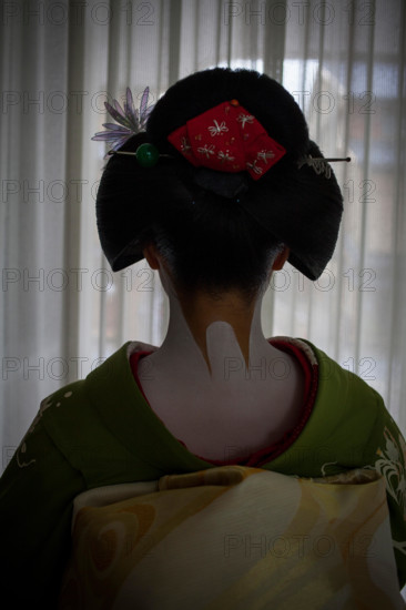 Detail of 'maiko' (geisha apprentice) from Ishihatsu okiya (house of geishas).Geisha's distric of Miyagawacho.Kyoto. Kansai, Jap