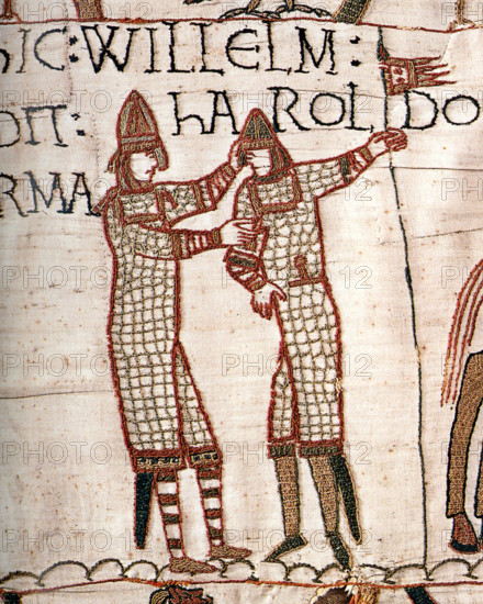 Bayeux Tapestry, William supplying weapons to Harold during Harold's trip to the continent in 1064