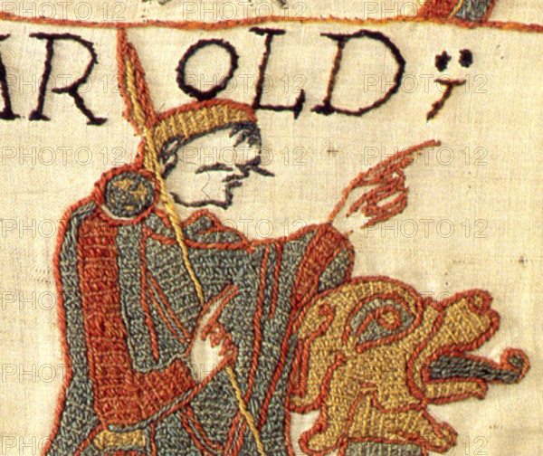 This detailed view of the Bayeux Tapestry reveals the intricate stitching techniques used to create this historical embroidery. The tapestry illustrates scenes from the Norman Conquest of England, capturing the drama and events of the 11th century.