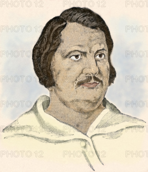Honore de Balzac. French writer and journalist. Critic and printer (1799-1850) 19th Century. Engraving. Later colouration