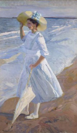 *Elena en la Playa* (Elena on the Beach) by Joaquin Sorolla is a vibrant painting depicting a woman on the beach, bathed in sunlight. Known for his mastery of light and color, Sorolla captures the serene beauty of the coastal landscape and the elegance of the figure, with a focus on the natural interplay of sunlight and water.