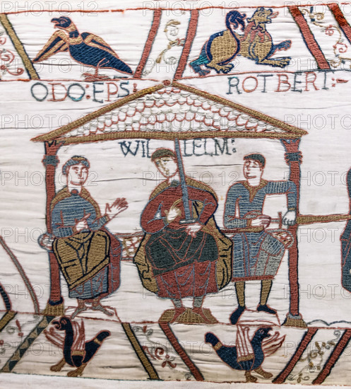 Scene 44 of the Bayeux Tapestry depicts William the Conqueror’s conquest of England, showing key events such as the Battle of Hastings and the Norman leadership.