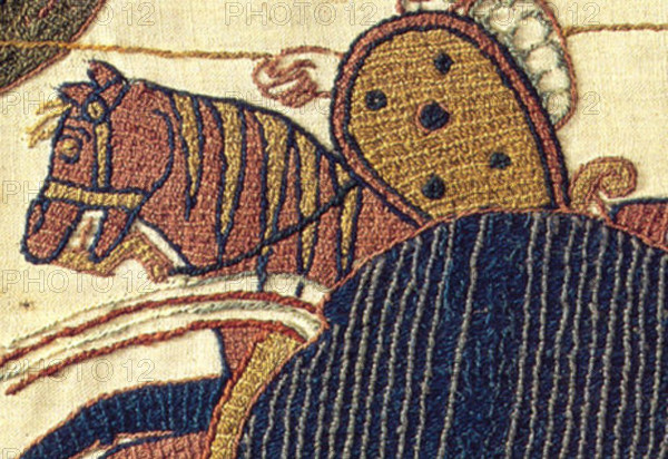 The Bayeux Tapestry, an embroidered cloth from the 11th century, depicts the events leading up to the Norman Conquest of England. This image focuses on a laid work detail of the tapestry.
