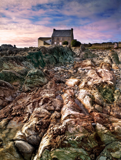 A colourful view at the beginning of sunset of the distinctive coast of Brittany