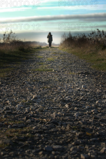 Walking a path into the distance. Back view of a woman on the horizon at the end of a path.