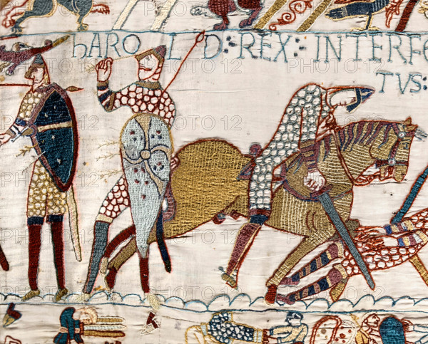 Detail from the Bayeux Tapestry showing the Death of King Harold at the Battle of Hastings in 1066.
