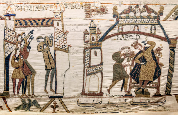 Detail from the Bayeux Tapestry showing Halley's Comet and Harold at Westminster
