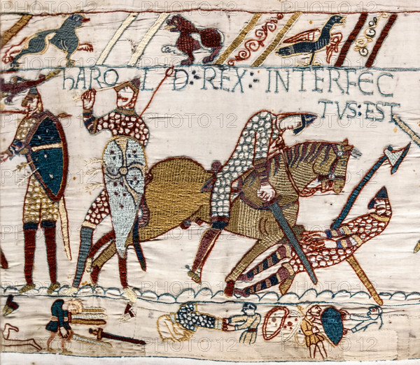 Bayeux Tapestry, A segment of the Bayeux Tapestry, Harold's death. Legend above: Harold rex interfectus est, "King Harold is killed"