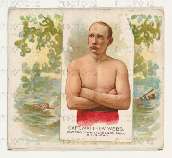 Captain Matthew Webb became the first person to swim across the English Channel from Dover, England, to Calais, France, a monumental feat in 1875. His achievement is featured in the 'World's Champions, Second Series' by Allen & Ginter Cigarettes.