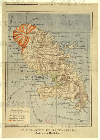 . Français : 'Le Désastre de Saint-Pierre'. Carte de la Martinique. English: 'The Disaster of Saint-Pierre'. Map of Martinique. . 1902. 2013-11-02. Eugène Letot(+1941). Upload, stitch and restoration by Jebulon Desastre Saint Pierre Montagne Pelee Martinique Petit Journal