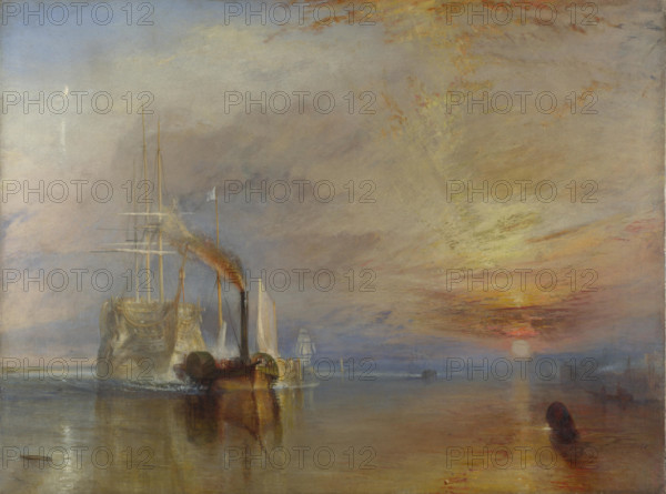 The Fighting Temeraire tugged to her last Berth to be broken up . English: The Fighting Temeraire. 1839, by Joseph Mallord William Turner. Measures 3' x 4' Français : The Fighting Temeraire. 1839, par Joseph Mallord William Turner. Dimensions 90.7 x 121.6 cm, tableau exposé à la National Gallery, à Londres. . 1839. 1173 The Fighting Temeraire, JMW Turner, National Gallery