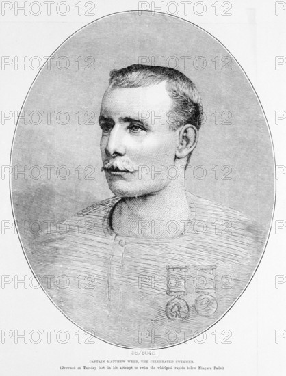 . English: A head to torso portrait of Captain Matthew Webb from the Illustrated London News A head to torso engraved portrait of Captain Matthew Webb within a printed oval surround. This portrait is taken from the Illustrated London News when reporting his death in July 1883. He had drowned in his attempt to swim the Whirlpool Rapids of the Niagara River. The portrait shows him with two medals: the Stanhope Medal for attempting to save a crewman who had fallen overboard the Cunard liner 'Russia' (1867) on 22 April 1873. The other was the Liverpool Humane Society medal presented for the same