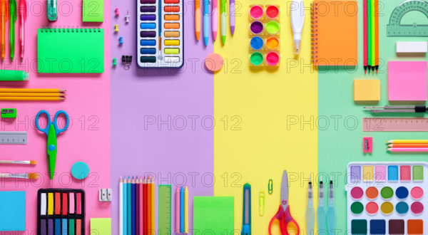 School Supplies In Frame With Colorful Paper Background