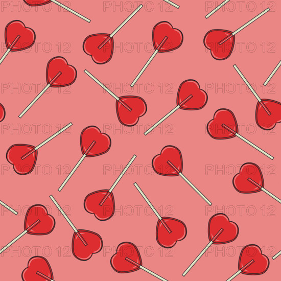 vector seamless background with red lollipop candies in the form of hearts on pink background. love, romantic or valentine day seamless pattern
