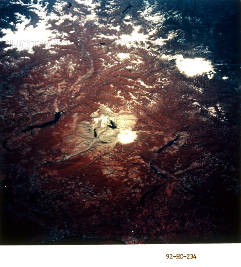 View from space showing Mount St Helens Volcano 1992. Mount St. Helens, active stratovolcano located in Skamania County, Washington, in the Pacific Northwest region of the United States. Mount St. Helens is most notorious for its major 1980 eruption, the deadliest and most economically destructive volcanic event in the history of the United States