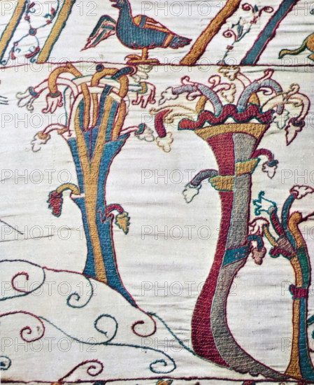 Episode from the Bayeux Tapestry, an embroidered cloth nearly 70 metres (230 ft) long, which depicts the events leading up to the Norman conquest of England, culminating in the Battle of Hastings, in 1066. It is thought to date to the 11th century, within a few years after the battle. It tells the story from the point of view of the conquering Normans.