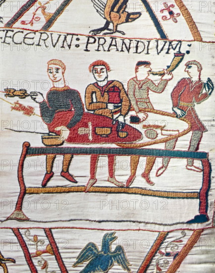 Episode from the Bayeux Tapestry, an embroidered cloth nearly 70 metres (230 ft) long, which depicts the events leading up to the Norman conquest of England, culminating in the Battle of Hastings, in 1066. It is thought to date to the 11th century, within a few years after the battle. It tells the story from the point of view of the conquering Normans.