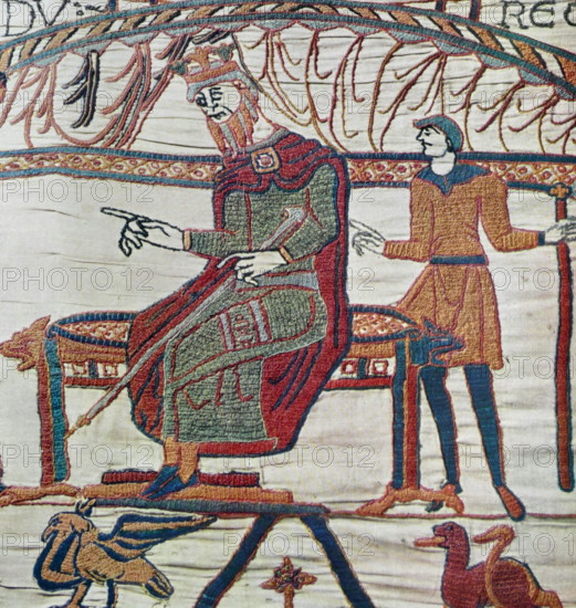 Episode from the Bayeux Tapestry, an embroidered cloth nearly 70 metres (230 ft) long, which depicts the events leading up to the Norman conquest of England, culminating in the Battle of Hastings, in 1066. It is thought to date to the 11th century, within a few years after the battle. It tells the story from the point of view of the conquering Normans.