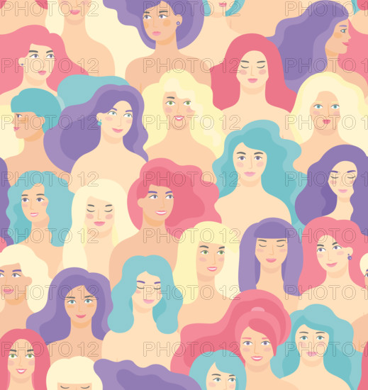International Women s Day. Vector seamless pattern with flat cartoon women faces.