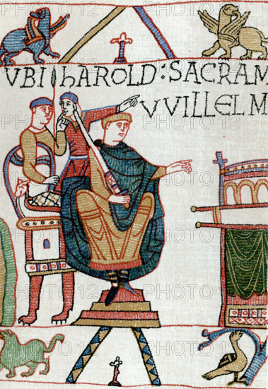 William receiving Harold's Oath. HAROLD SACRAMENTUM FECIT VVILLELMO DUCI (Harold made an oath to Duke William). This scene took place at Bagia (Bayeux, probably in Bayeux Cathedral). The Bayeux Tapestry is an embroidered cloth measuring approx 70 metres (230 ft) long and 50 centimetres (20 in) tall. It depicts the events leading up to the Norman conquest of England concerning William, Duke of Normandy, and Harold, Earl of Wessex, later King of England, and culminating in the Battle of Hastings.