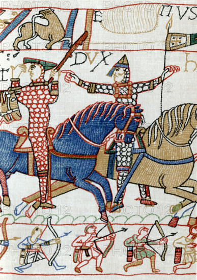William I (c1028-1087), possibly with Eustace II, Count of Boulogne (c1015-c1087), during the Battle of Hastings, 11th century. A detail of the Bayeux Tapestry. The Bayeux Tapestry (Tapisserie de Bayeux) depicts the events leading up to the Norman conquest of England concerning William, Duke of Normandy, and Harold, Earl of Wessex, later King of England, and culminating in the Battle of Hastings.