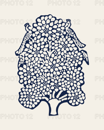 Indigo dye wood block printed floral composition. Traditional ethnic motif of North India with exotic birds in a blossoming fruit tree, navy blue