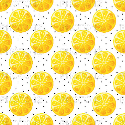 Seamless pattern with lemon slices and hand-drawn dots. Modern vector background with citrus fruit.