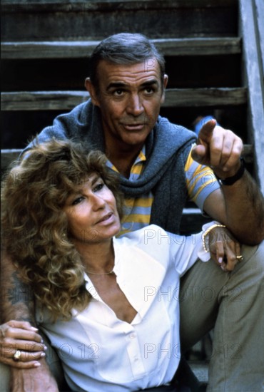 SEAN CONNERY as JAMES BOND 007 and his wife MICHELINE ROQUEBRUNE CONNERY on set location South of France candid NEVER SAY NEVER AGAIN 1983 director Irvin Kershner executive producer Kevin McClory UK/USA/West Germany Talia Film II Productions / Woodcote / Producers Sales Organisation (PSO) / Warner Bros.