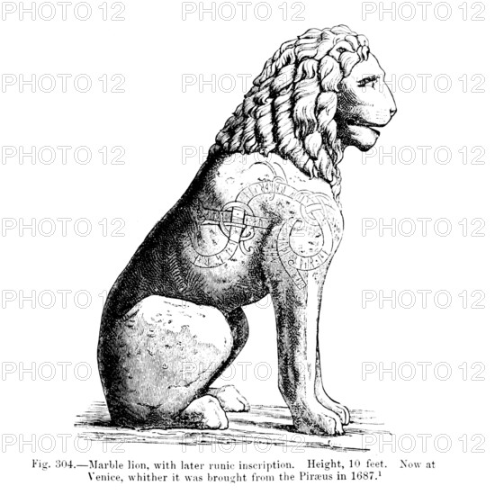 Marble lion, with later runic inscription. Now at Venice, whither it was brought from the Piraeus in 1687 from the book '  The viking age: the early history, manners, and customs of the ancestors of the English speaking nations ' by Du Chaillu, (Paul Belloni), 1835-1903 Publication date 1889 by C. Scribner's sons in New York,